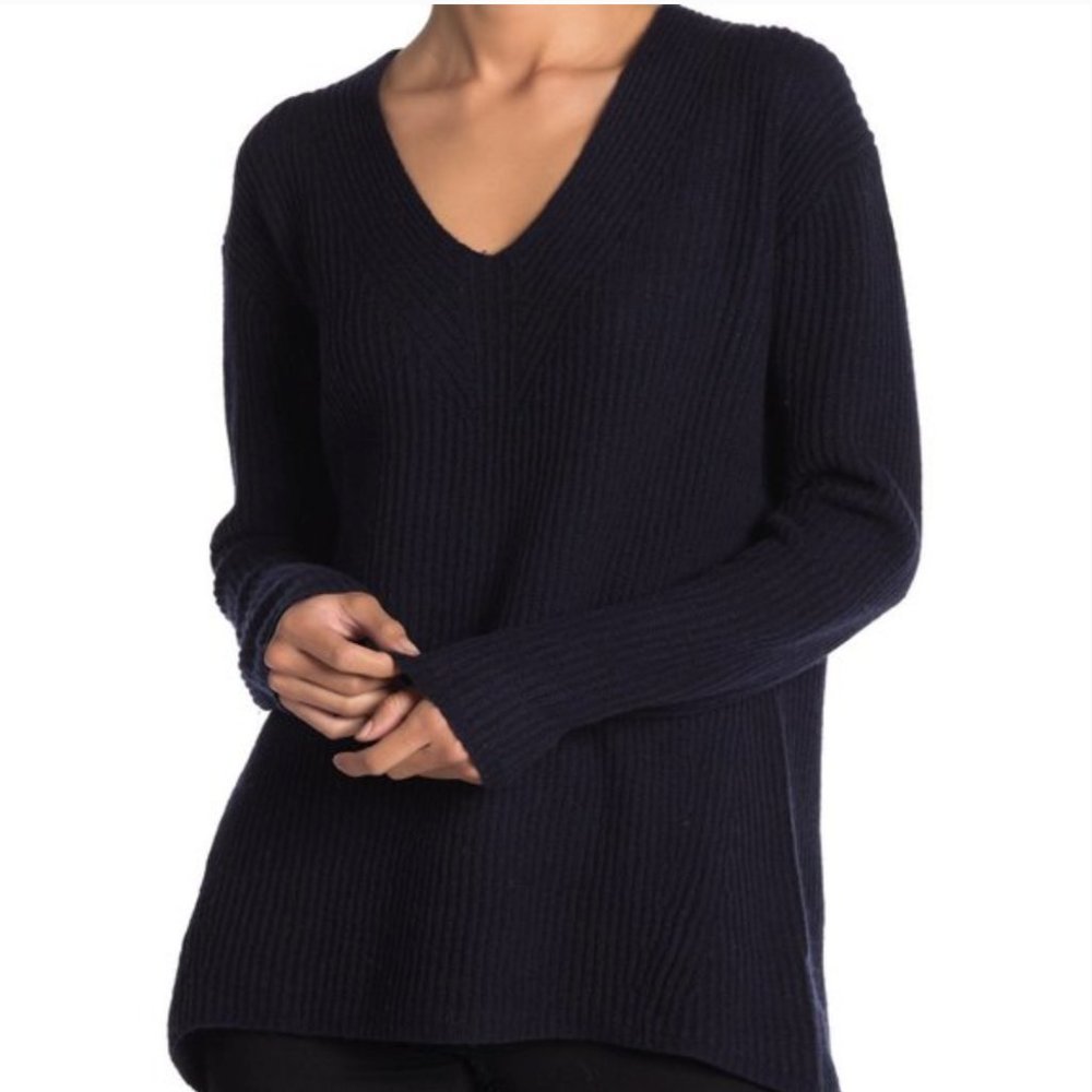 Madewell Woodside Wool Blend Pullover V-Neck Sweater in Dark Navy Small S